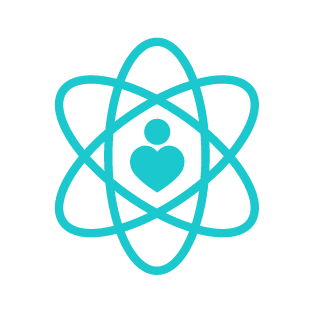 A pixelated image of an atom with a heart, representing our about-us.